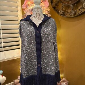 1960s Rosanna Navy Multicolor Poncho with Fringe